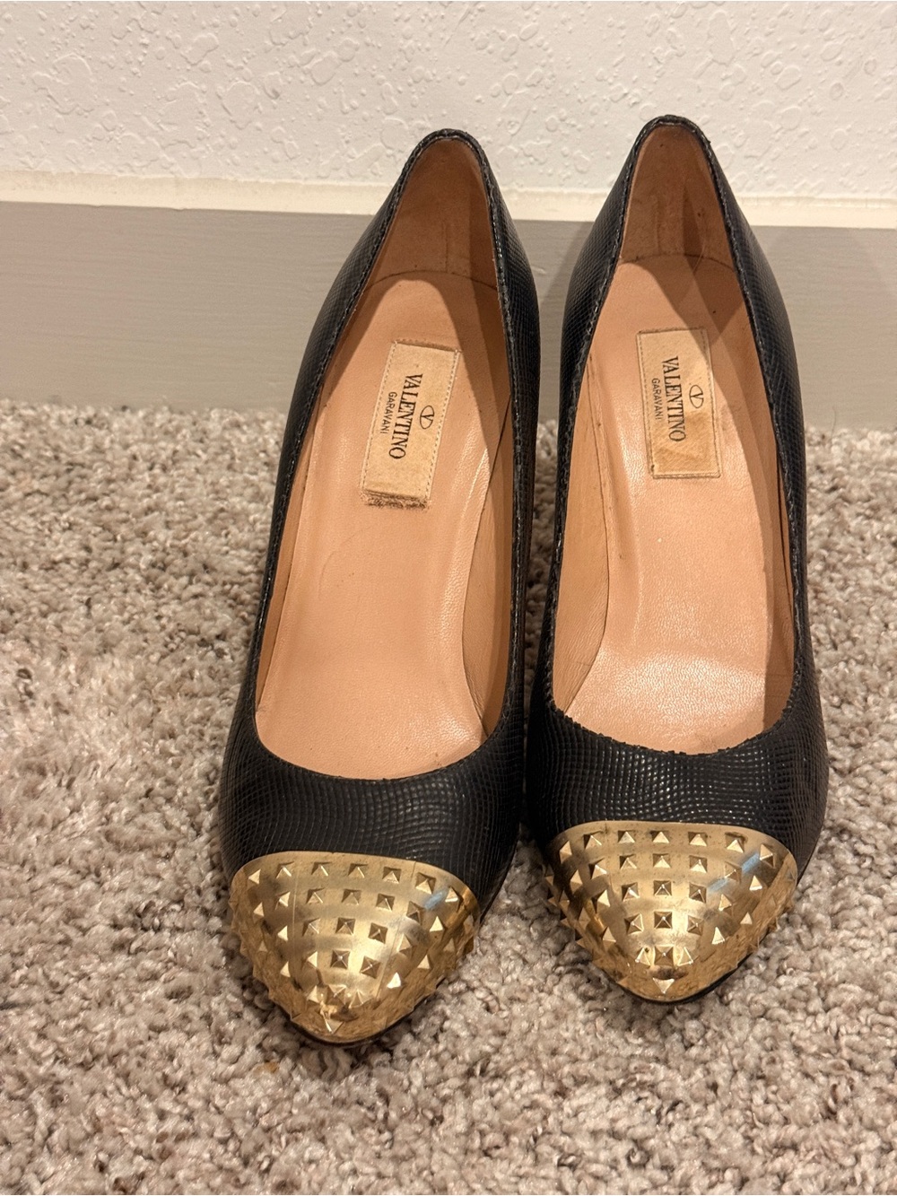 Valentino Black Pumps with Gold Studded Cap Toe